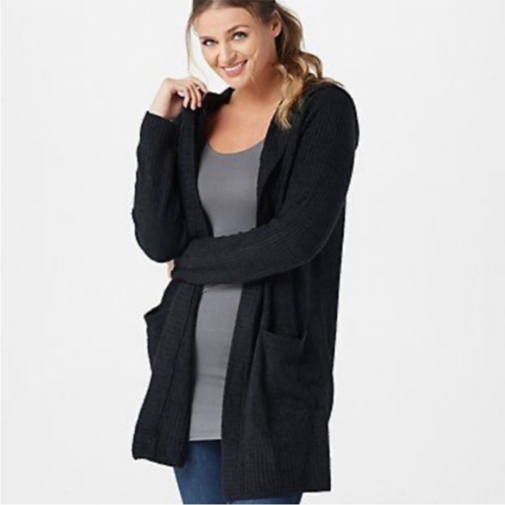 Barefoot Dreams Black Hooded Knit Cardigan with Front Pockets